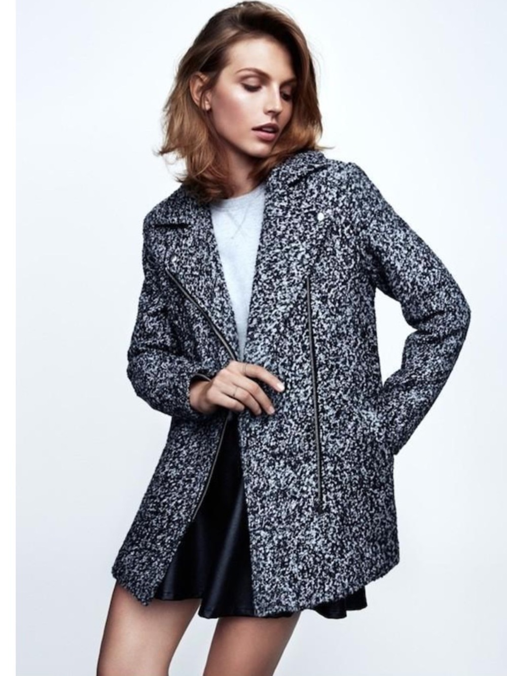 H&M Women's Black & White Bouclé Zip-Front Pea Coat wool blend